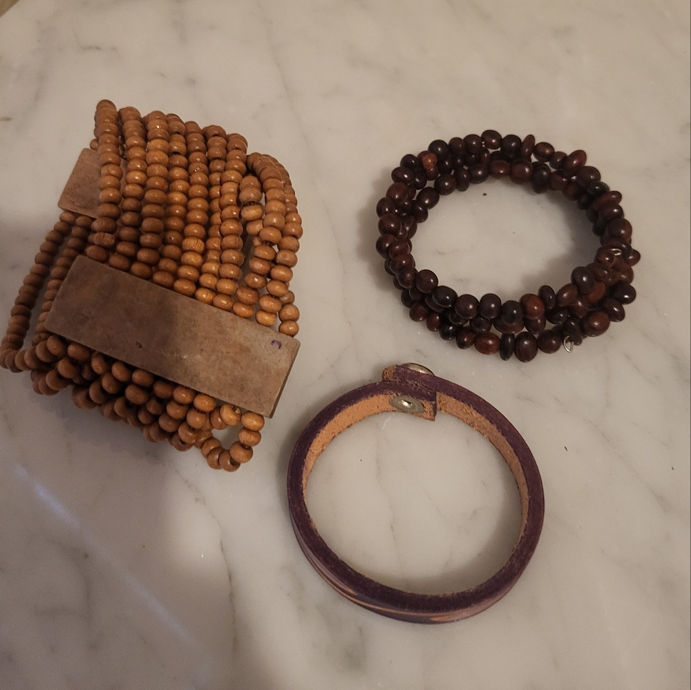 Bundle of 3 Bracelets, 2 wooden beads, 1 leather